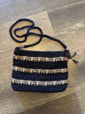 The Sak Woven Navy Crossbody Bag with Multicolor Trim